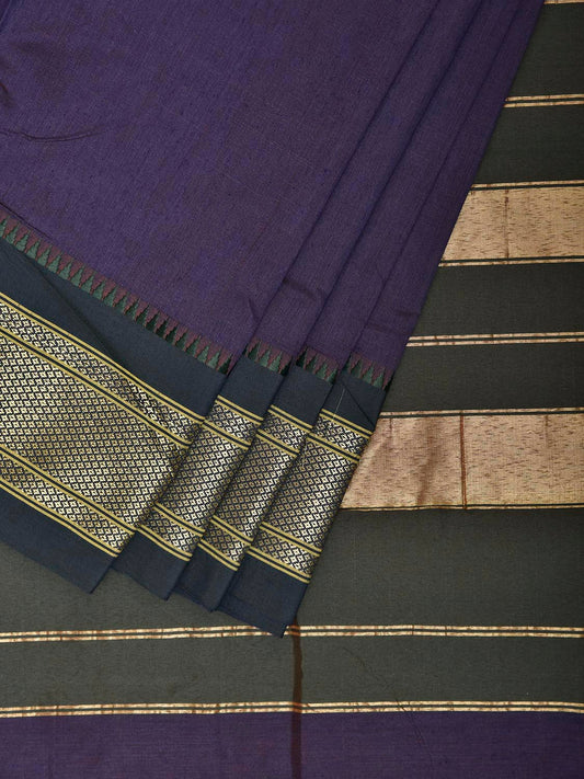 Dark Indigo and Green Bamboo Cotton Plain Saree with Contrast Pallu Design No Blouse b0977