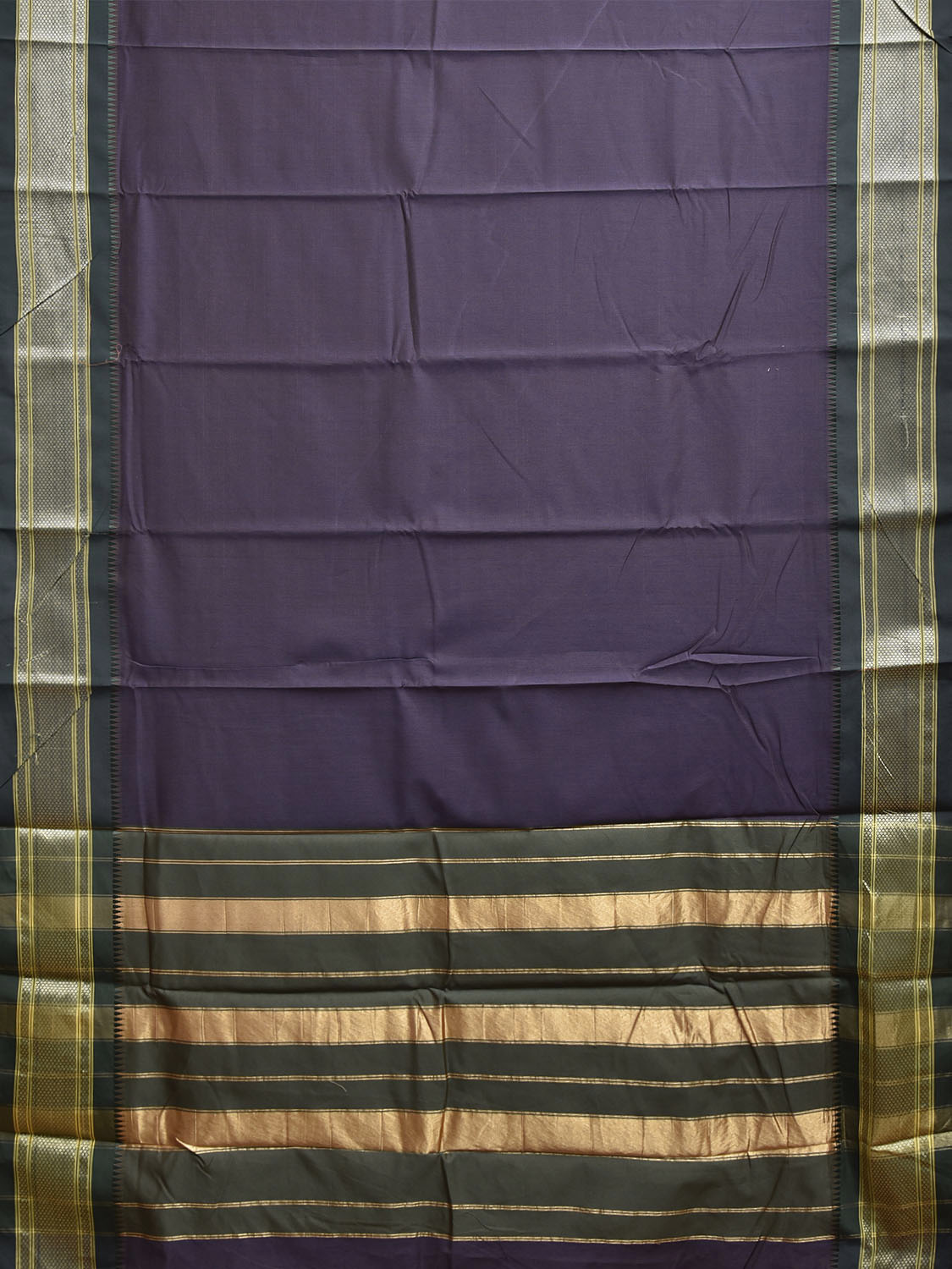 Dark Indigo and Green Bamboo Cotton Plain Saree with Contrast Pallu Design No Blouse b0977