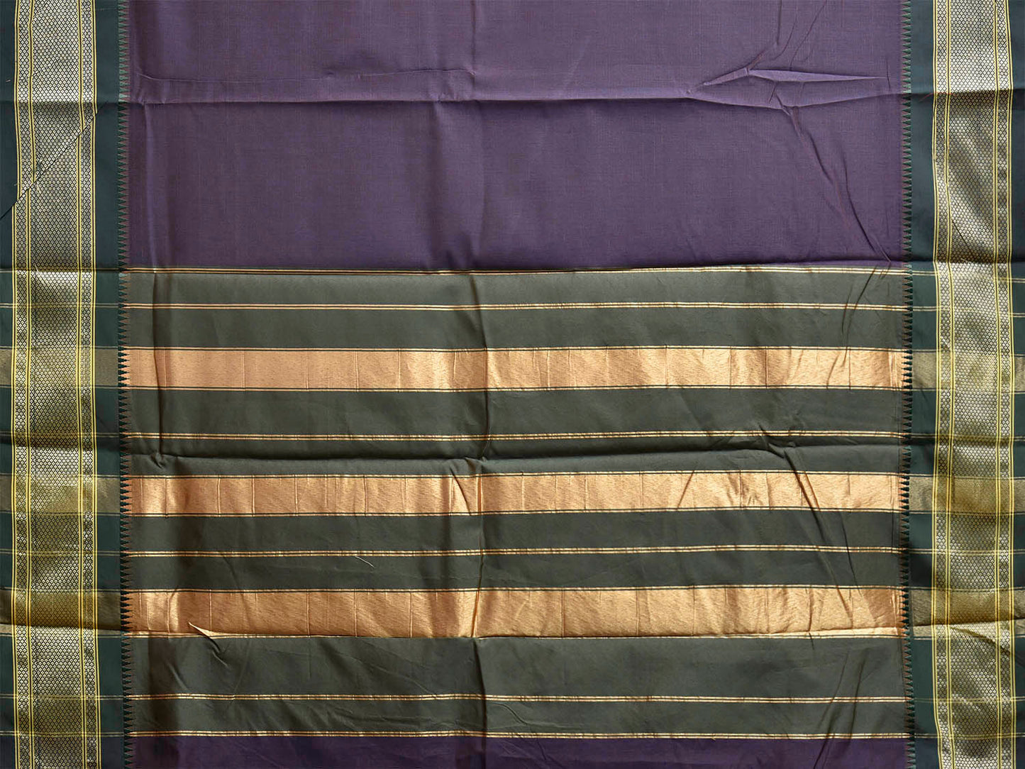 Dark Indigo and Green Bamboo Cotton Plain Saree with Contrast Pallu Design No Blouse b0977