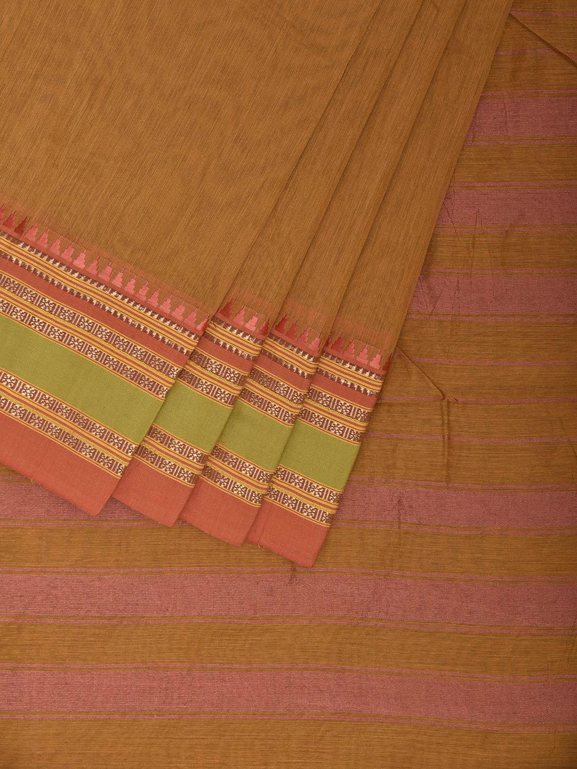 Mustard and Peach Bamboo Cotton Plain Saree with Strips Pallu Design No Blouse bc0978