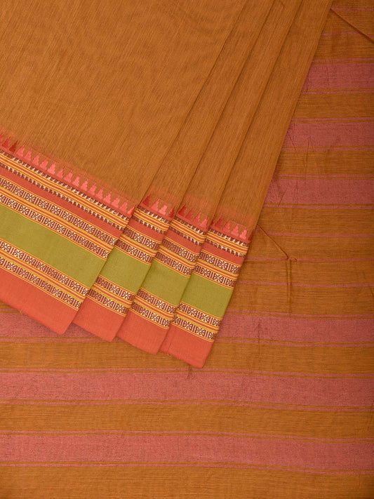Mustard and Peach Bamboo Cotton Plain Saree with Strips Pallu Design No Blouse bc0978