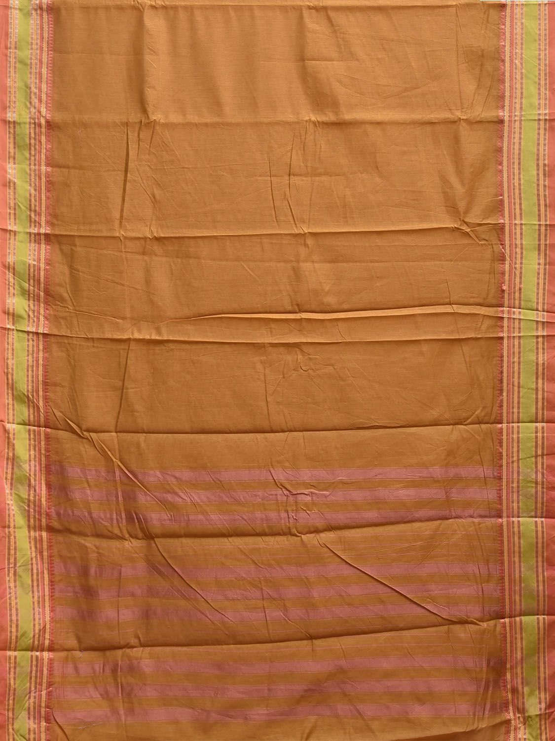 Mustard and Peach Bamboo Cotton Plain Saree with Strips Pallu Design No Blouse bc0978