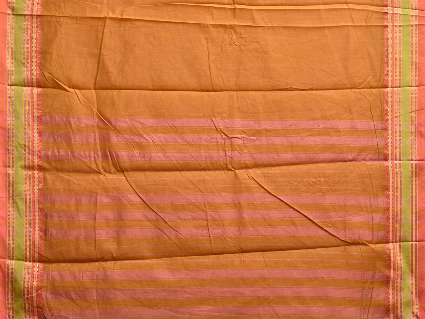 Mustard and Peach Bamboo Cotton Plain Saree with Strips Pallu Design No Blouse bc0978