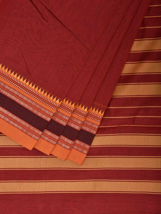 Dark Red and Mustard Bamboo Cotton Plain Saree with Strips Pallu Design No Blouse bc0979