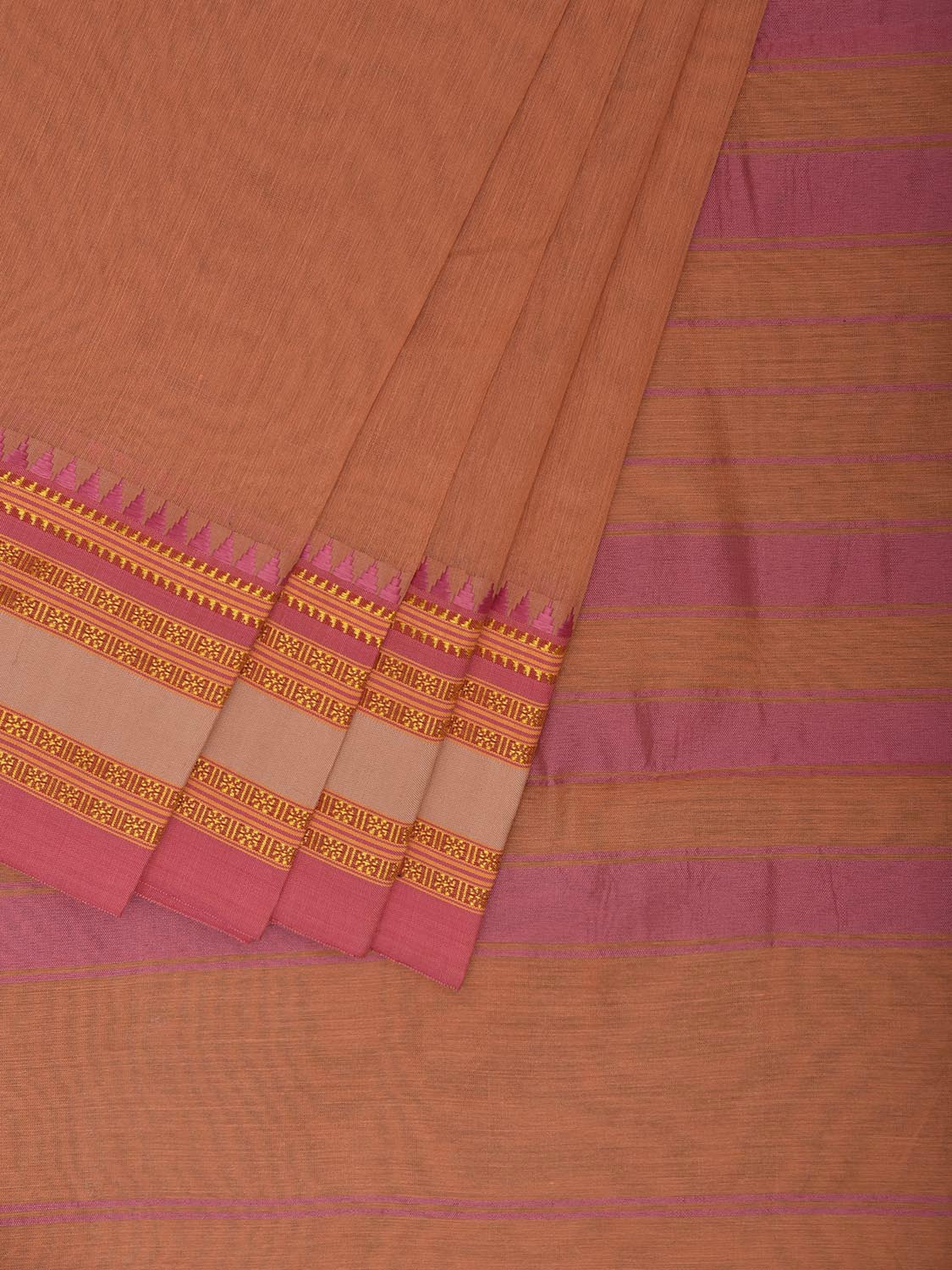 Light Peach and Pink Bamboo Cotton Plain Saree with Strips Pallu Design No Blouse bc0980