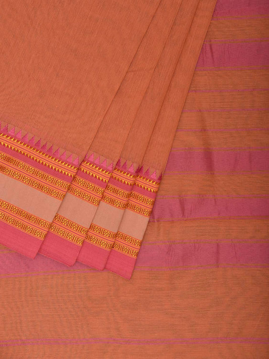 Light Peach and Pink Bamboo Cotton Plain Saree with Strips Pallu Design No Blouse bc0980