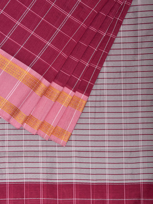 Magenta and White Bamboo Cotton Saree with Big Checks Design No Blouse bc0981