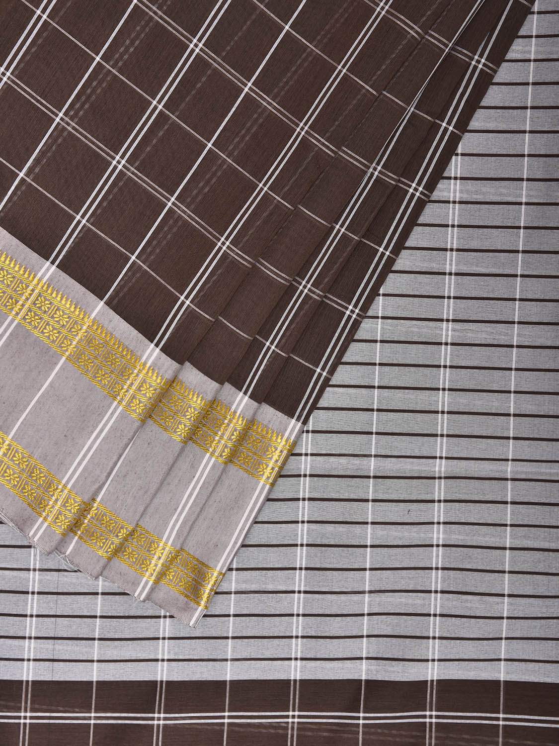 Brown and White Bamboo Cotton Saree with Big Checks Design No Blouse bc0983
