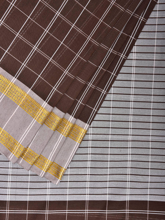 Brown and White Bamboo Cotton Saree with Big Checks Design No Blouse bc0983