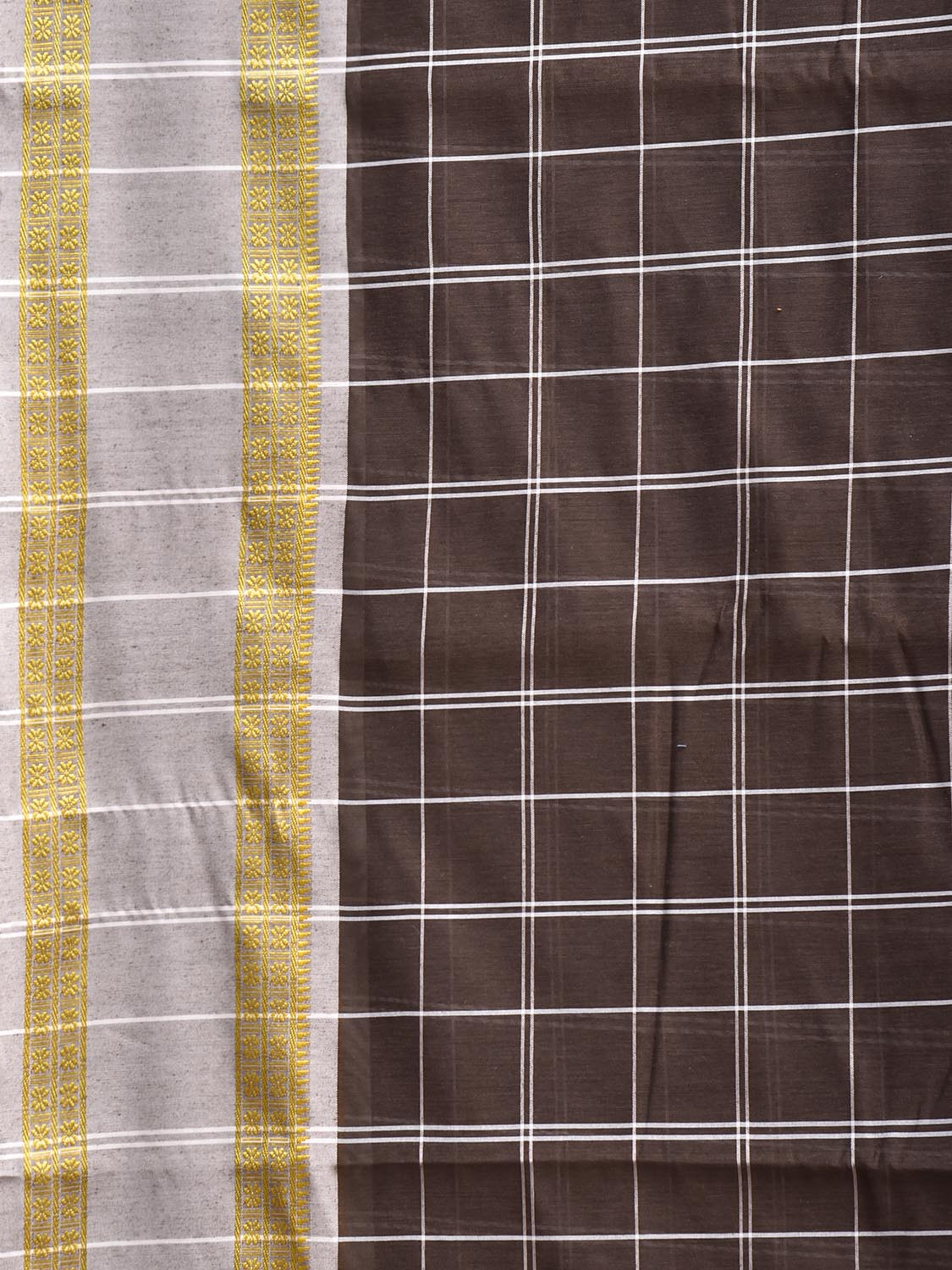 Brown and White Bamboo Cotton Saree with Big Checks Design No Blouse bc0983