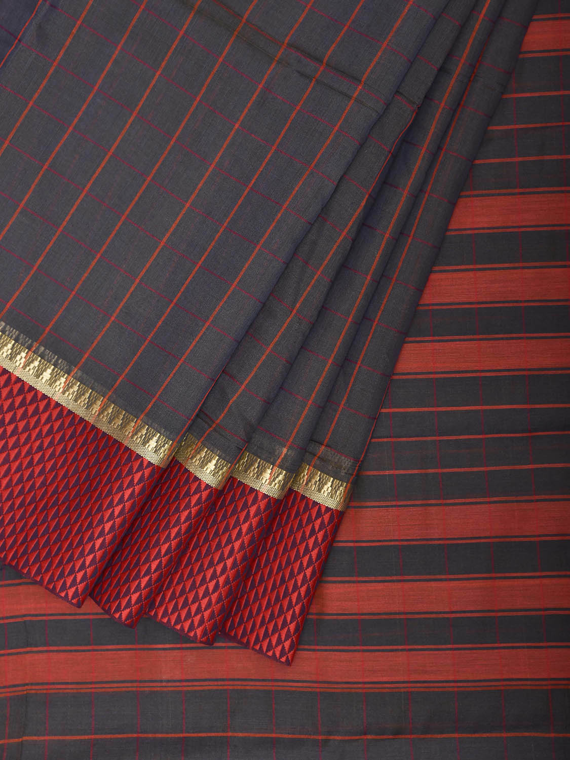 Dark Grey and Red Bamboo Cotton Saree with Big Checks Design No Blouse bc0984