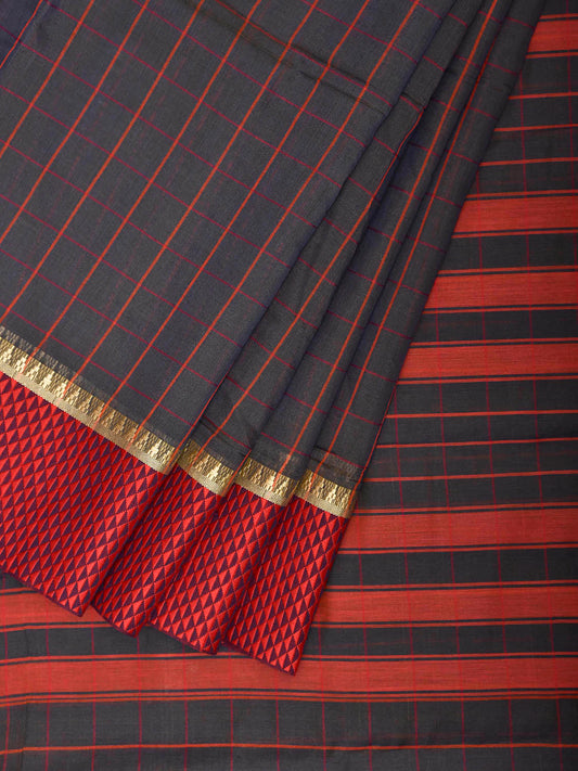 Dark Grey and Red Bamboo Cotton Saree with Big Checks Design No Blouse bc0984
