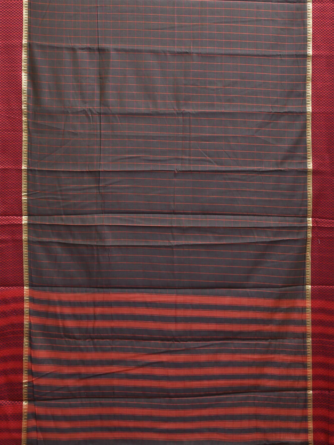 Dark Grey and Red Bamboo Cotton Saree with Big Checks Design No Blouse bc0984