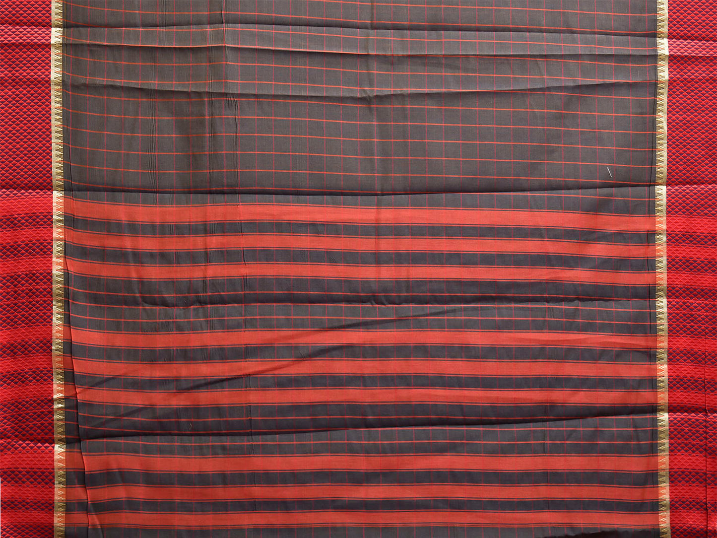 Dark Grey and Red Bamboo Cotton Saree with Big Checks Design No Blouse bc0984