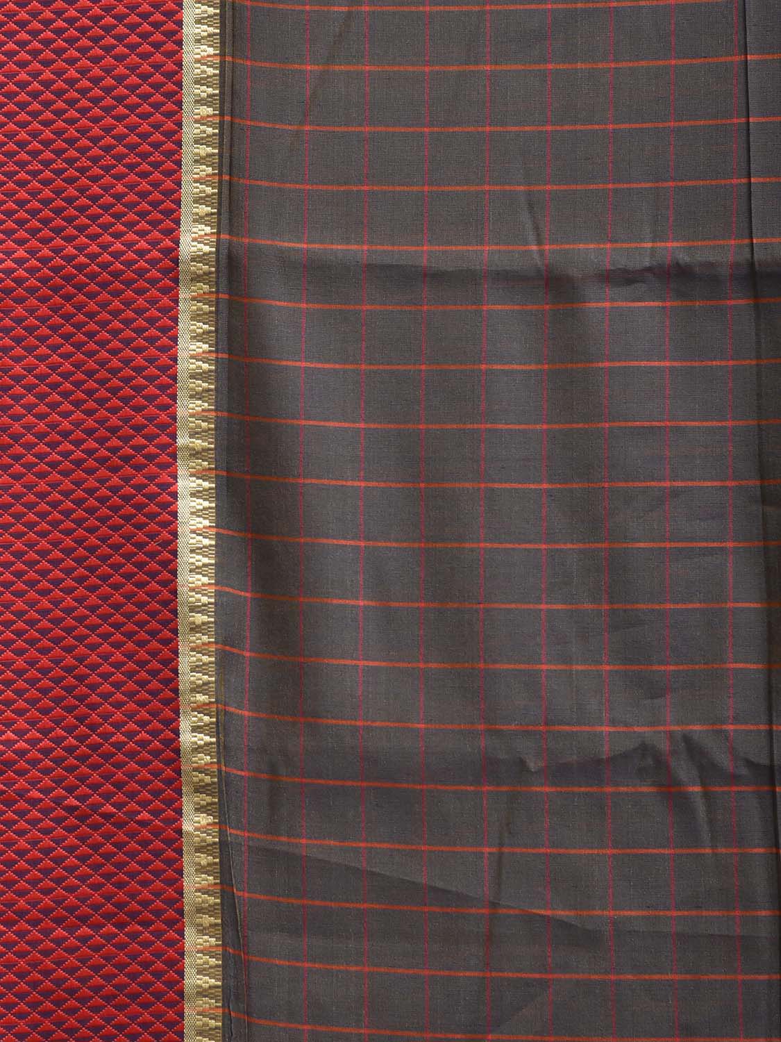 Dark Grey and Red Bamboo Cotton Saree with Big Checks Design No Blouse bc0984
