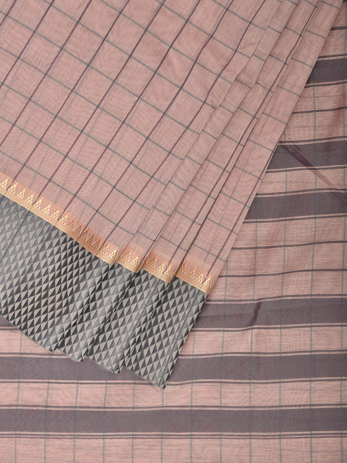 Cream and Light Grey Bamboo Cotton Saree with Big Checks Design No Blouse bc0985