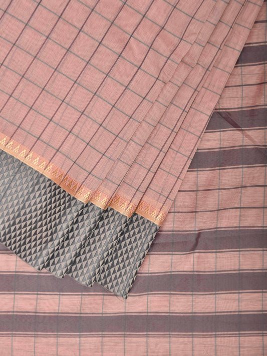 Cream and Light Grey Bamboo Cotton Saree with Big Checks Design No Blouse bc0985