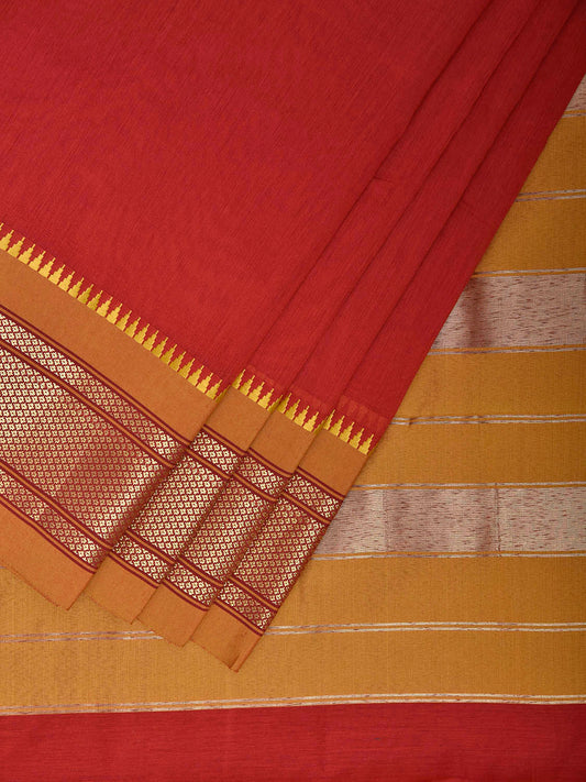 Red and Olive Bamboo Cotton Plain Saree with Contrast Pallu Design No Blouse bc0986
