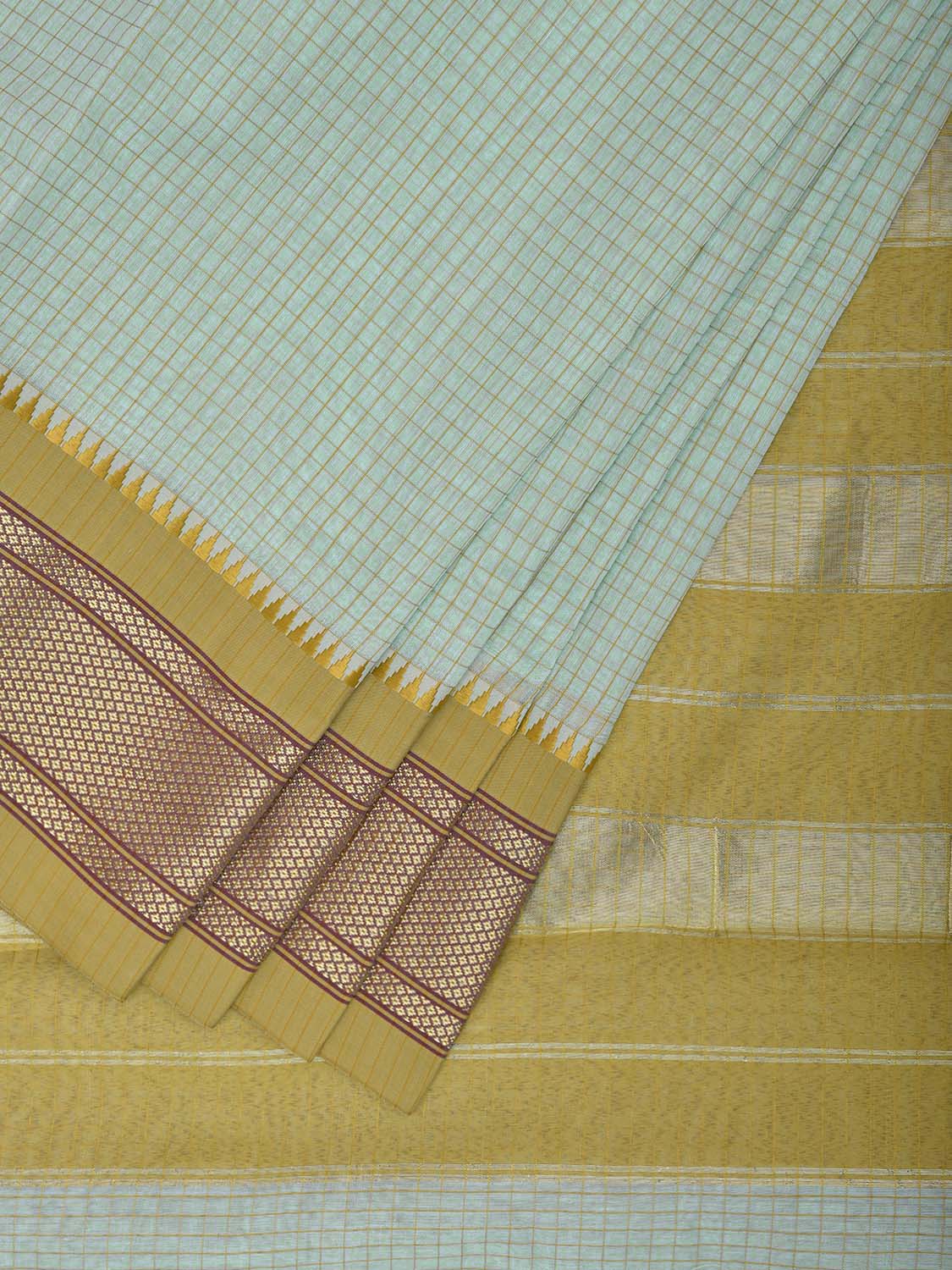 Light Turquoise and Olive Bamboo Cotton Saree with Checks Design No Blouse bc0991