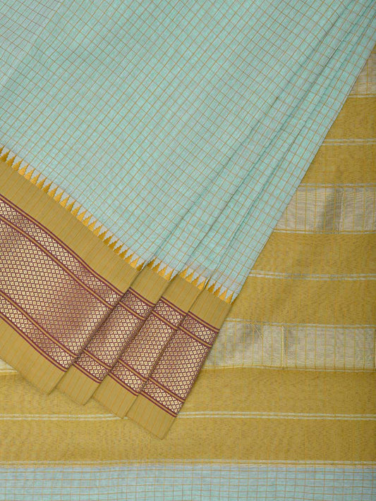 Light Turquoise and Olive Bamboo Cotton Saree with Checks Design No Blouse bc0991