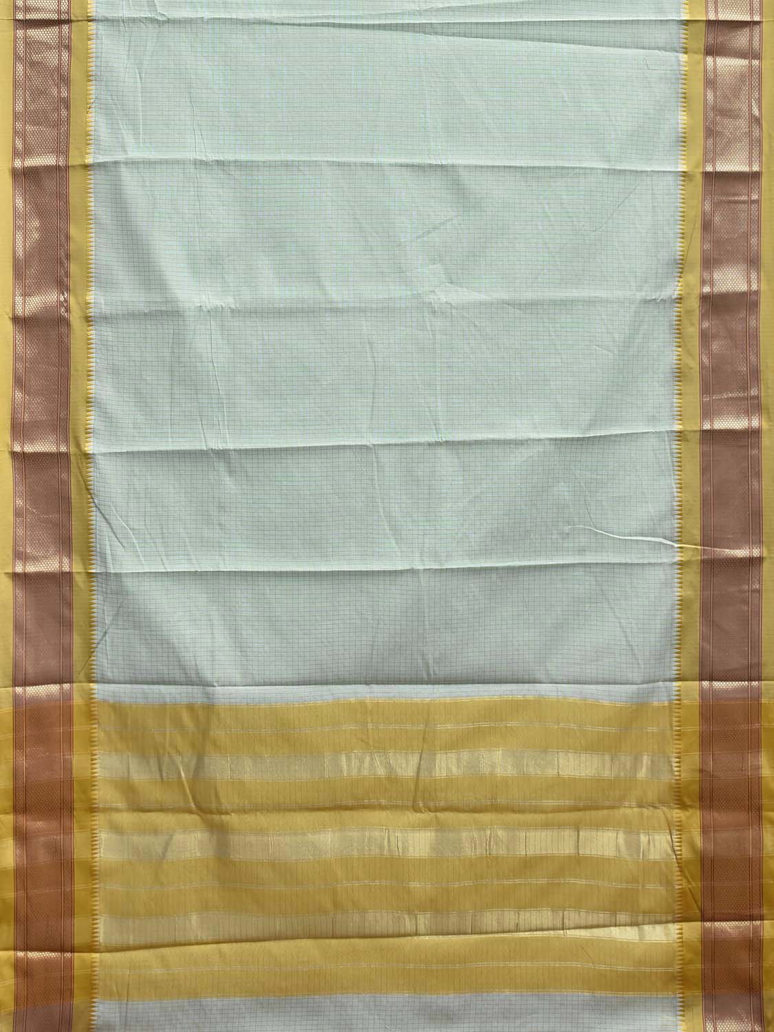 Light Turquoise and Olive Bamboo Cotton Saree with Checks Design No Blouse bc0991