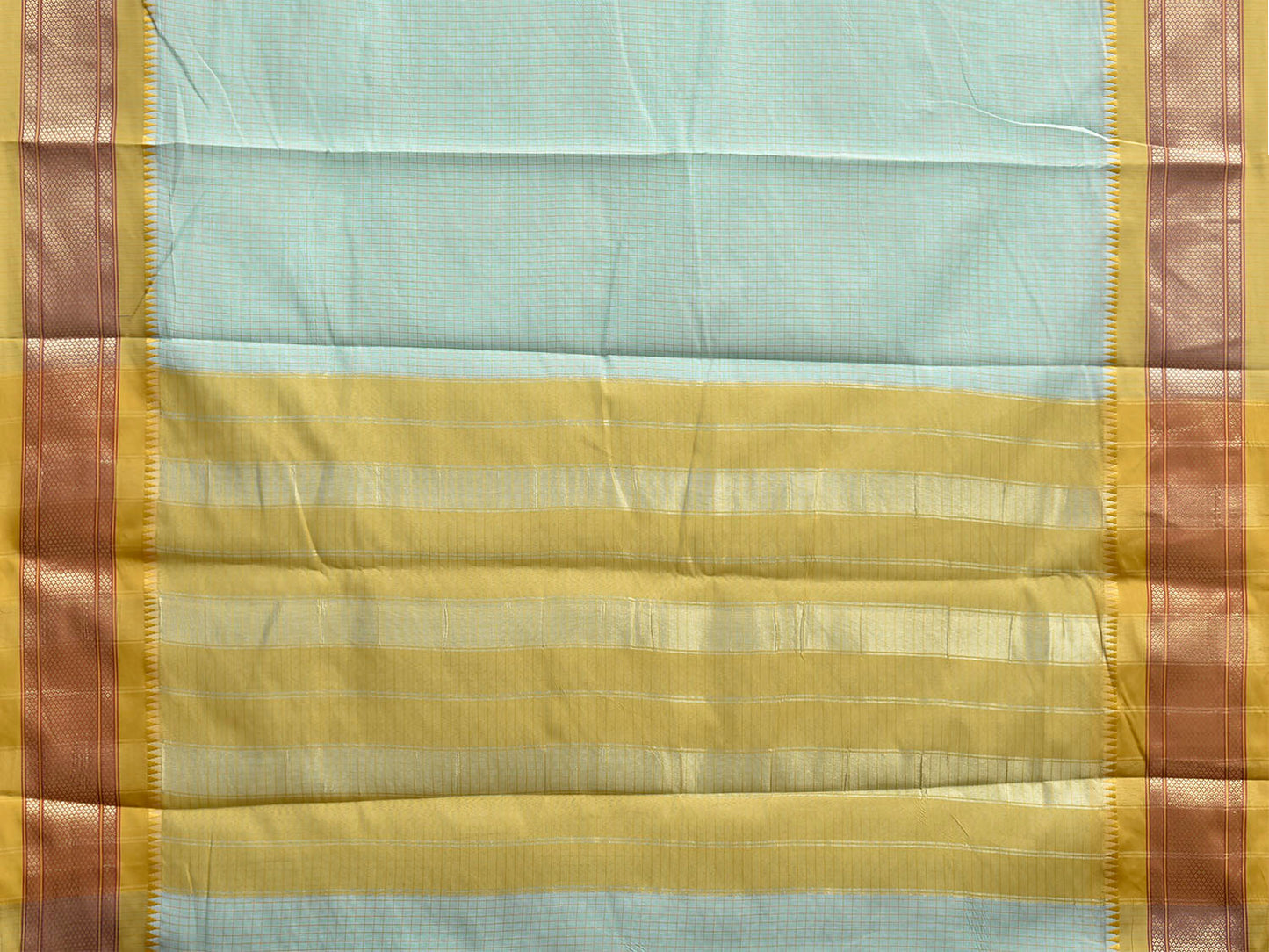 Light Turquoise and Olive Bamboo Cotton Saree with Checks Design No Blouse bc0991