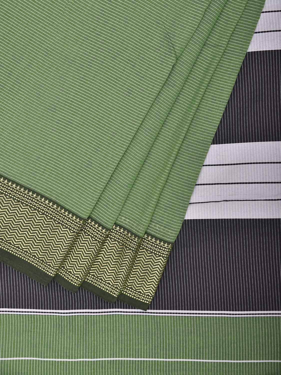 Green and Black Bamboo Cotton Saree with Strips Design No Blouse bc0995