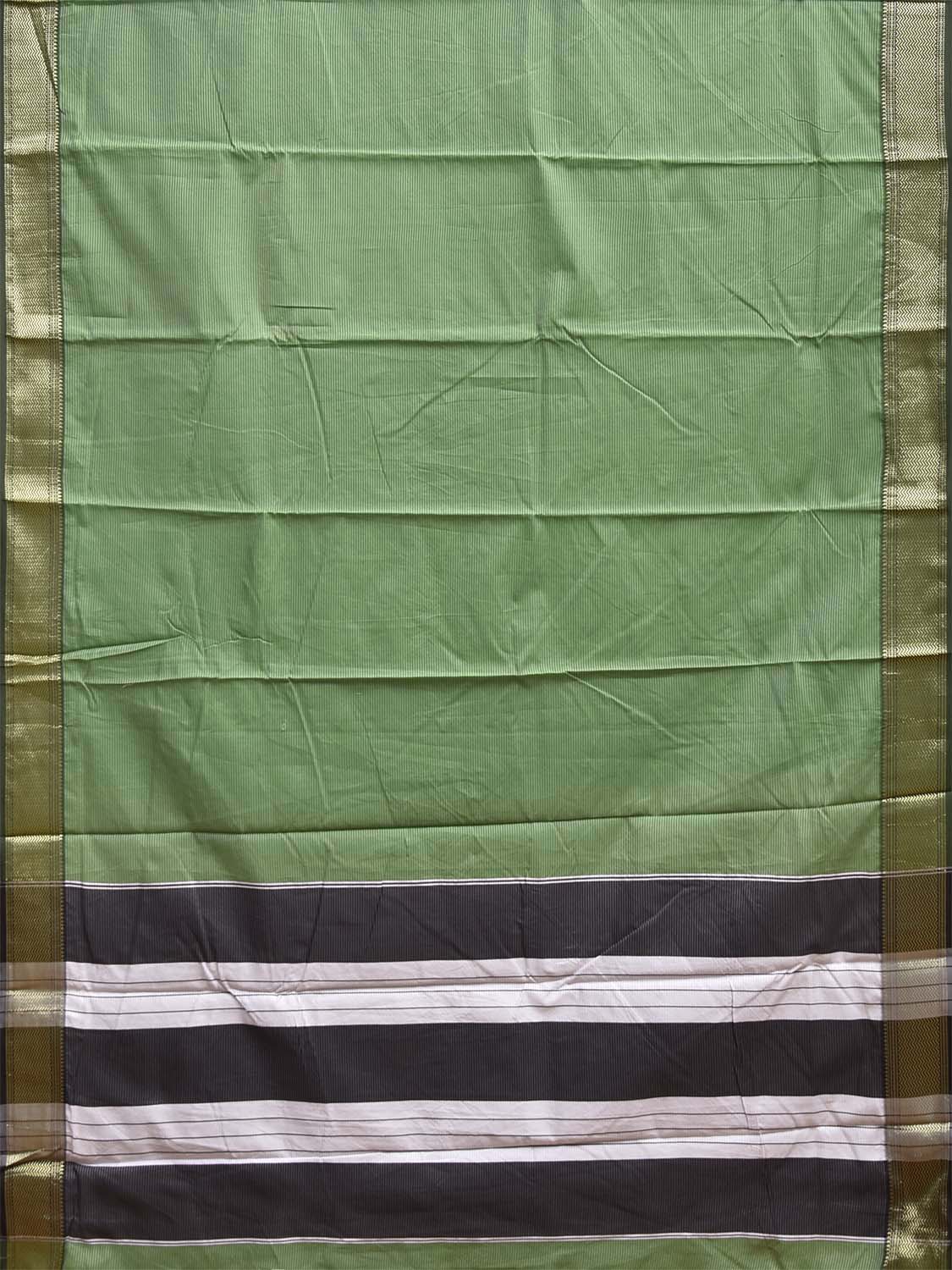 Green and Black Bamboo Cotton Saree with Strips Design No Blouse bc0995