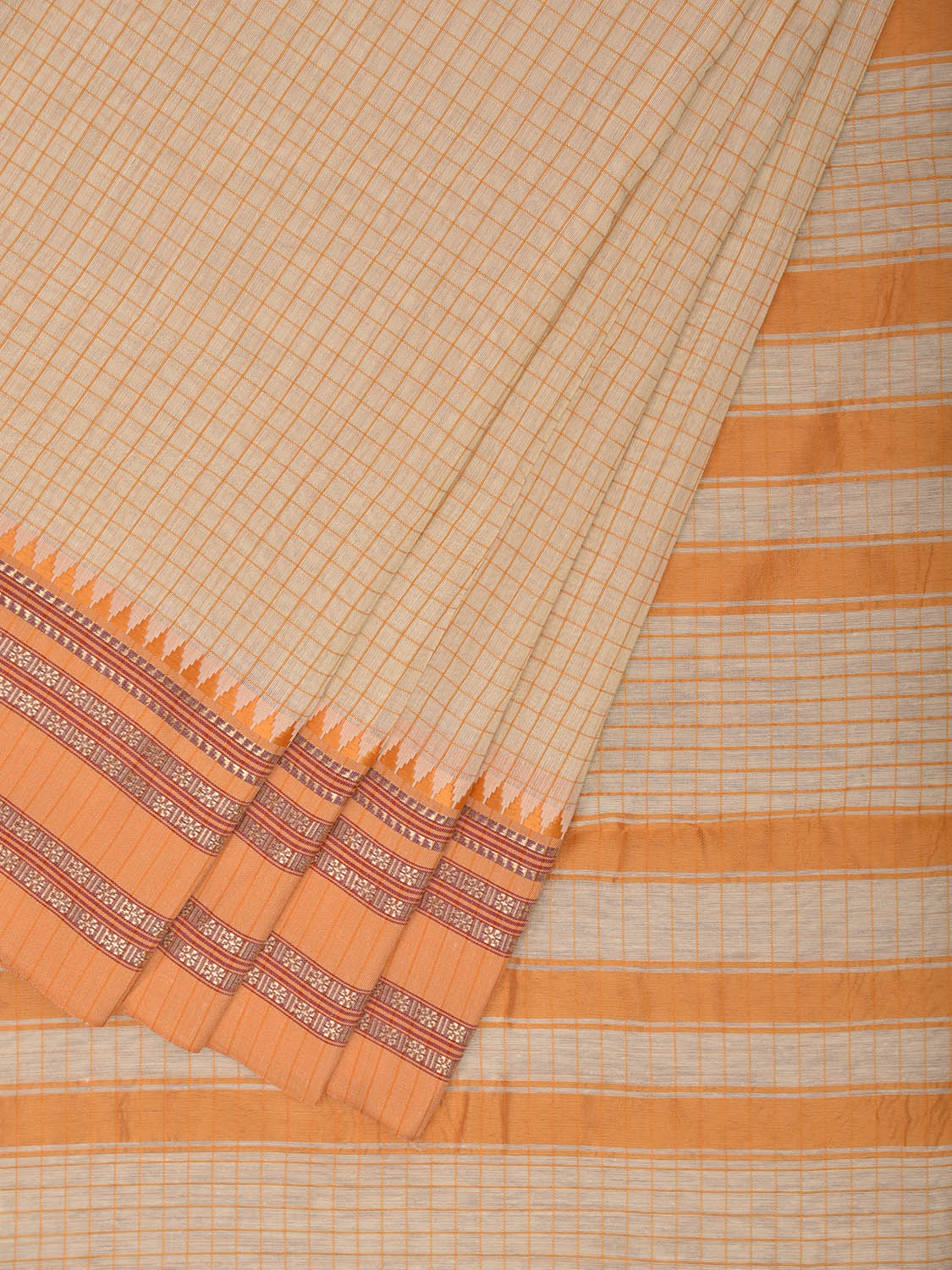 Cream and Light Orange Bamboo Cotton Saree with Checks Design No Blouse bc0996
