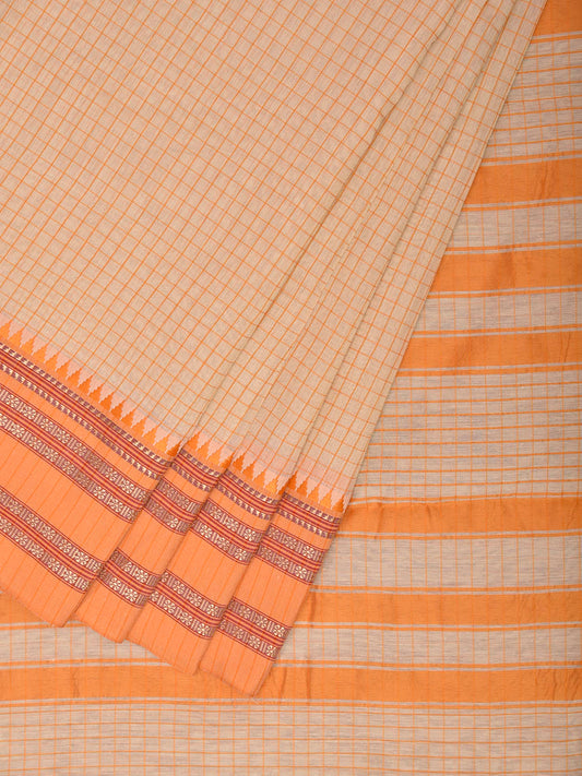 Cream and Light Orange Bamboo Cotton Saree with Checks Design No Blouse bc0996