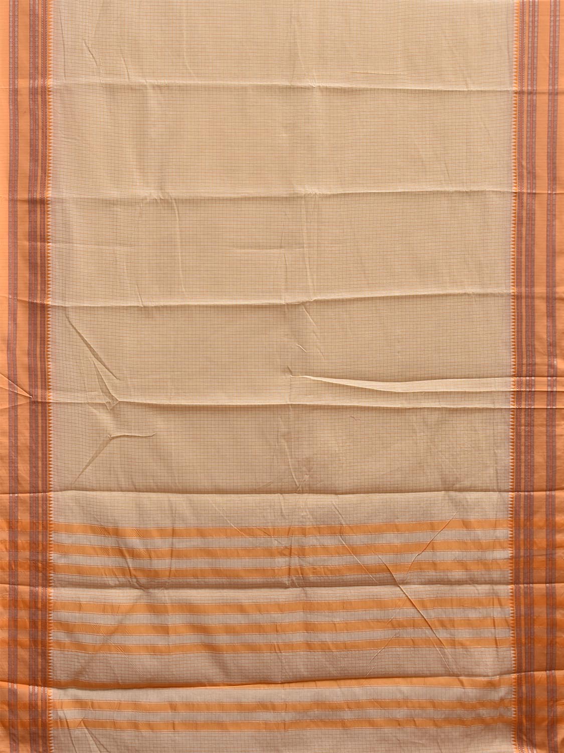 Cream and Light Orange Bamboo Cotton Saree with Checks Design No Blouse bc0996