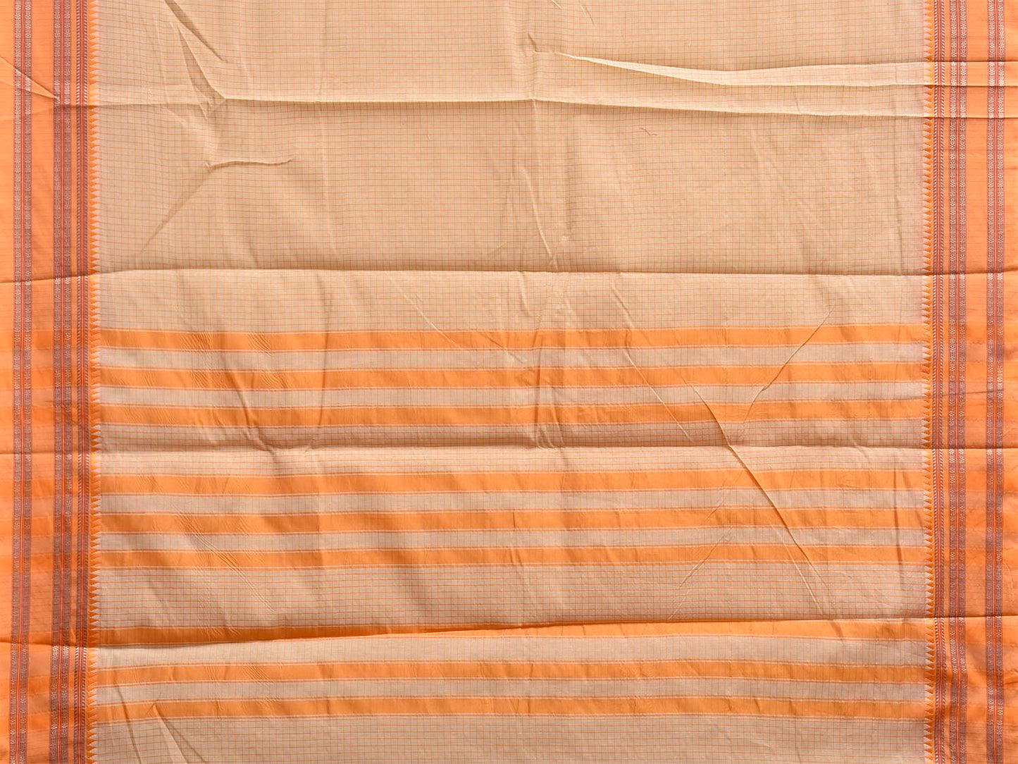 Cream and Light Orange Bamboo Cotton Saree with Checks Design No Blouse bc0996