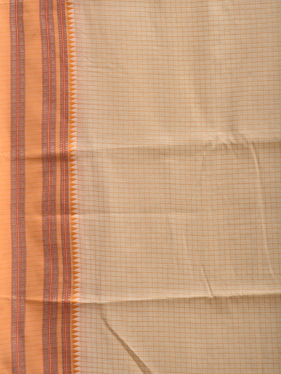 Cream and Light Orange Bamboo Cotton Saree with Checks Design No Blouse bc0996