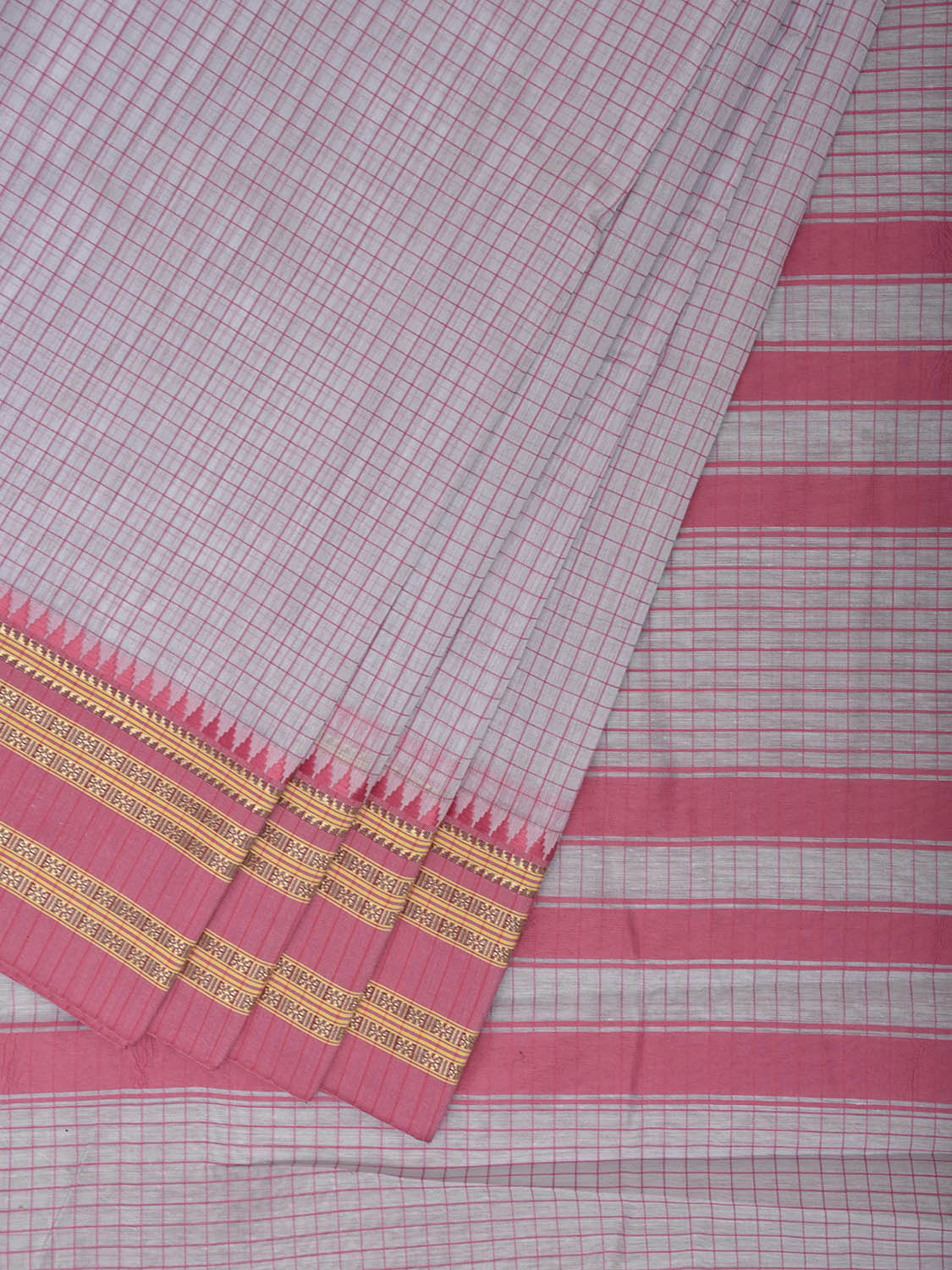 Light Grey and Pink Bamboo Cotton Saree with Checks Design No Blouse bc0997