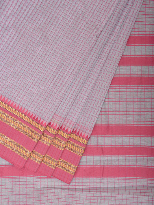 Light Grey and Pink Bamboo Cotton Saree with Checks Design No Blouse bc0997