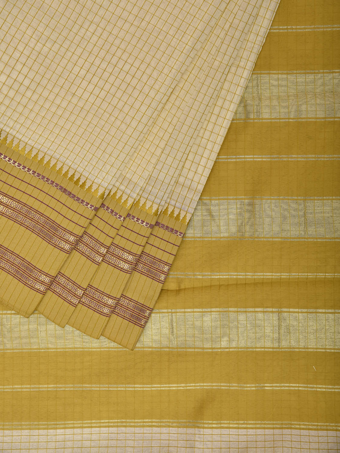 Cream and Olive Bamboo Cotton Viscose Silk Saree with Checks Design No Blouse bc0998