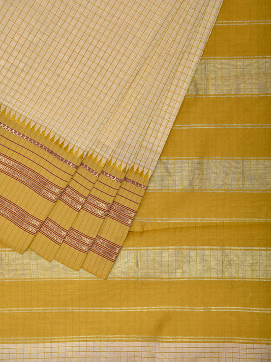 Cream and Olive Bamboo Cotton Viscose Silk Saree with Checks Design No Blouse bc0998