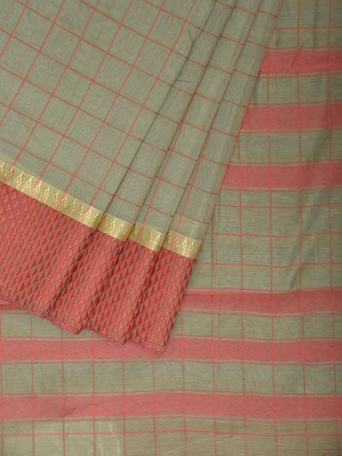 Light Green and Red Bamboo Cotton Saree with Big Checks Design No Blouse bc0999
