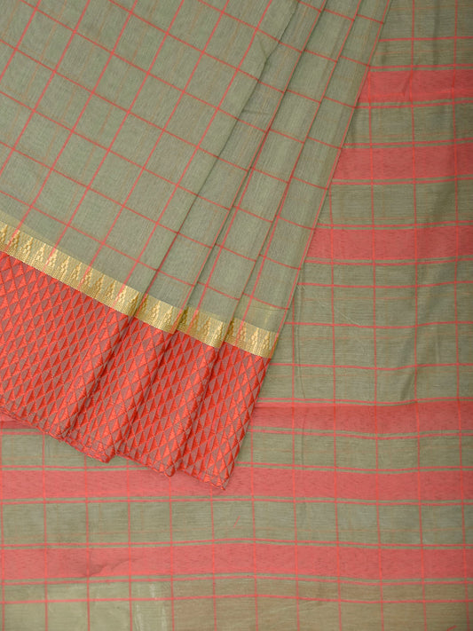 Light Green and Red Bamboo Cotton Saree with Big Checks Design No Blouse bc0999