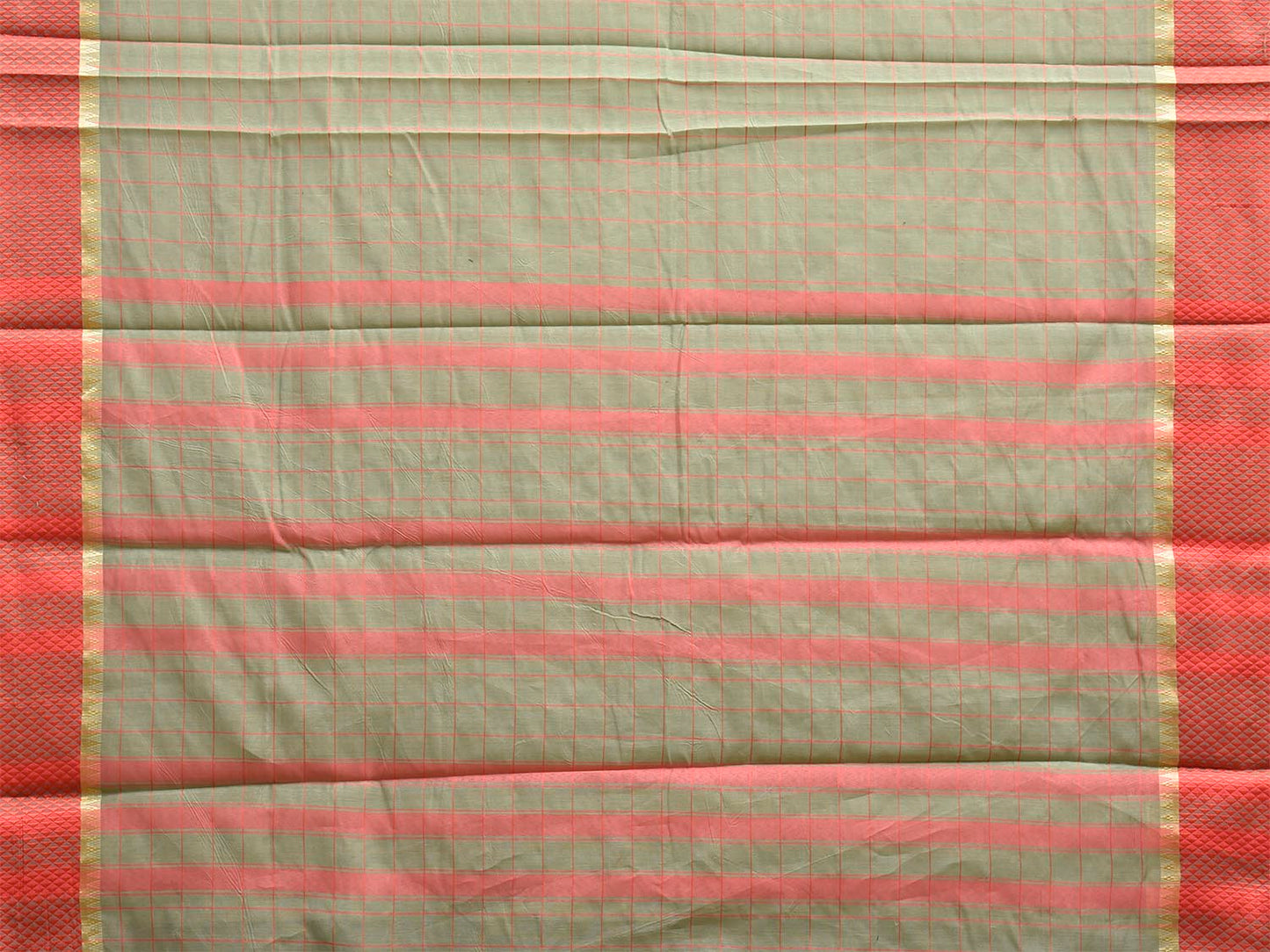 Light Green and Red Bamboo Cotton Saree with Big Checks Design No Blouse bc0999