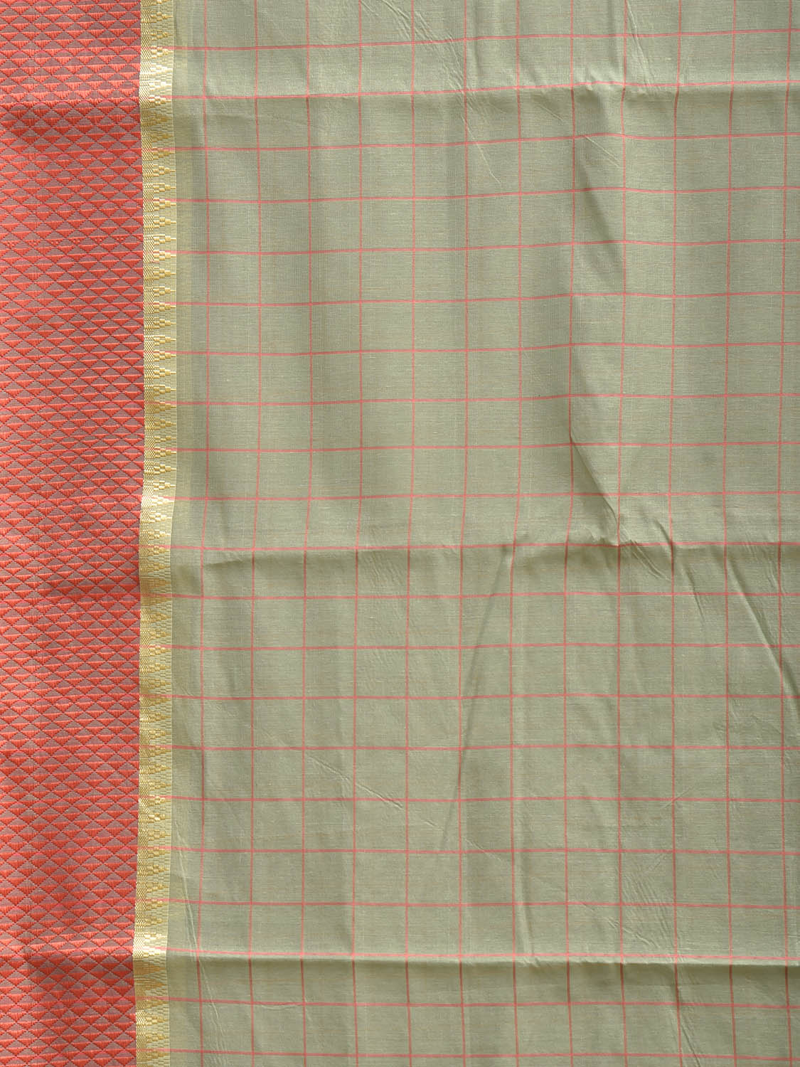 Light Green and Red Bamboo Cotton Saree with Big Checks Design No Blouse bc0999
