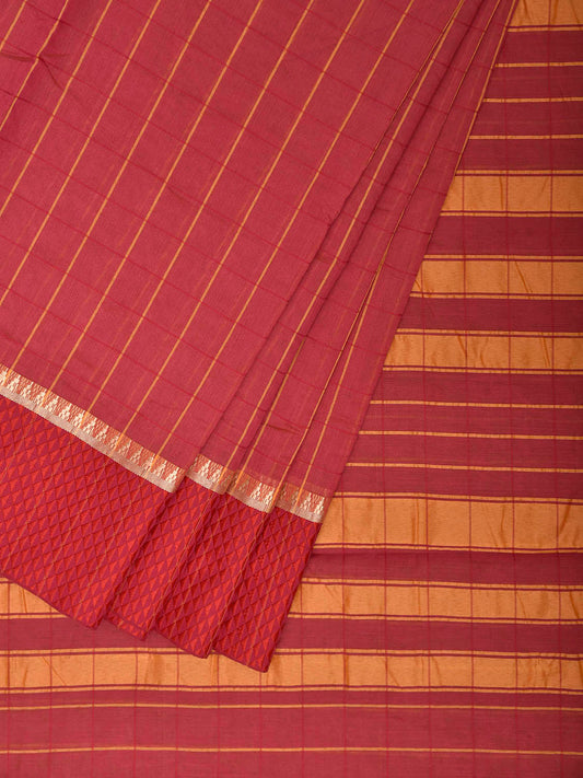 Burgundy and Red Bamboo Cotton Saree with Big Checks Design No Blouse bc1000