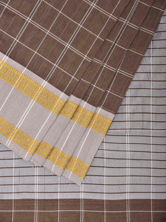 Light Brown and White Bamboo Cotton Saree with Big Checks Design No Blouse bc1001