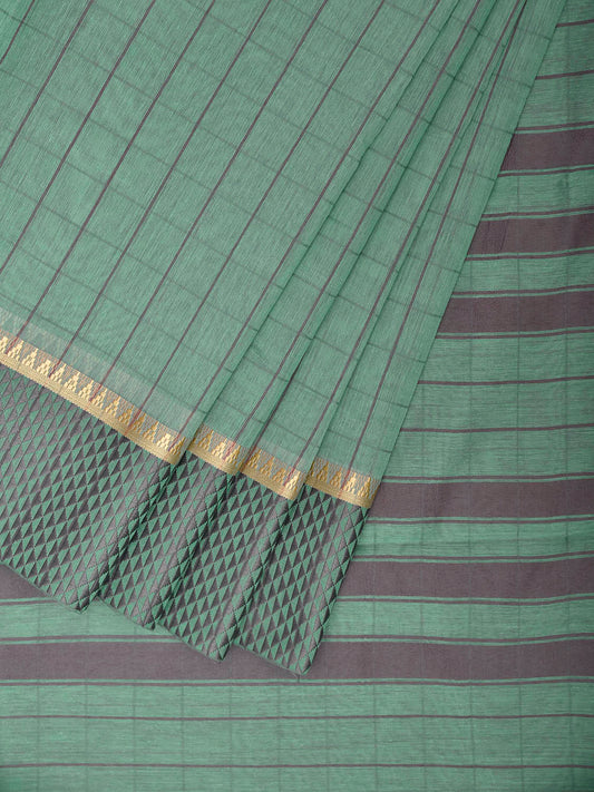 Turquoise and Grey Bamboo Cotton Saree with Big Checks Design No Blouse bc1002