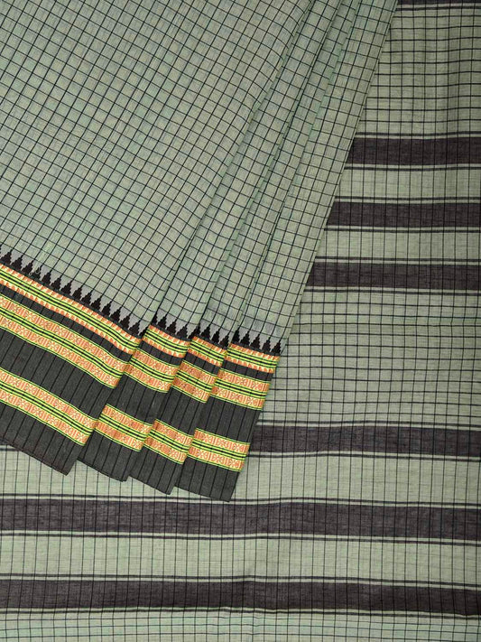 Sea Green and Black Bamboo Cotton Saree with Checks Design No Blouse bc1003