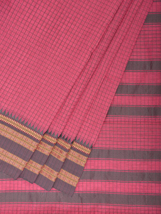Pink and Grey Bamboo Cotton Saree with Checks Design No Blouse bc1004