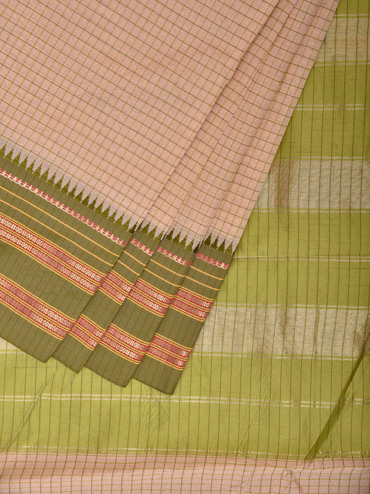 Cream and Green Bamboo Cotton Saree with Checks Design No Blouse bc1005