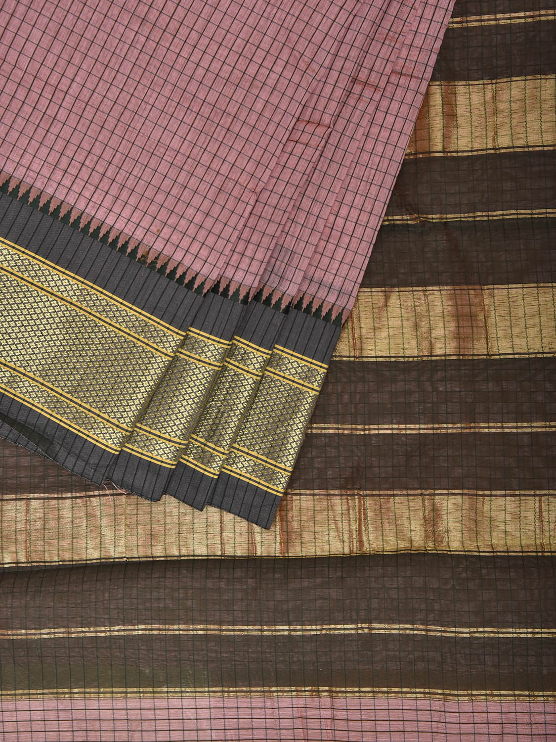 Peach and Green Bamboo Cotton Saree with Checks Design No Blouse bc1006
