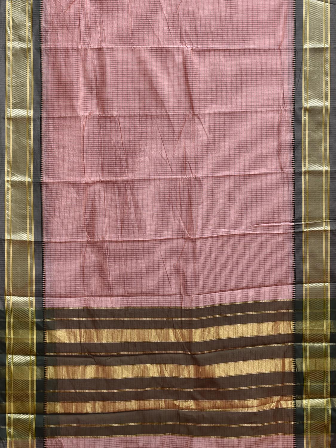Peach and Green Bamboo Cotton Saree with Checks Design No Blouse bc1006