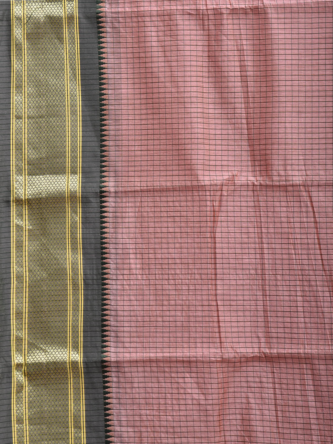 Peach and Green Bamboo Cotton Saree with Checks Design No Blouse bc1006